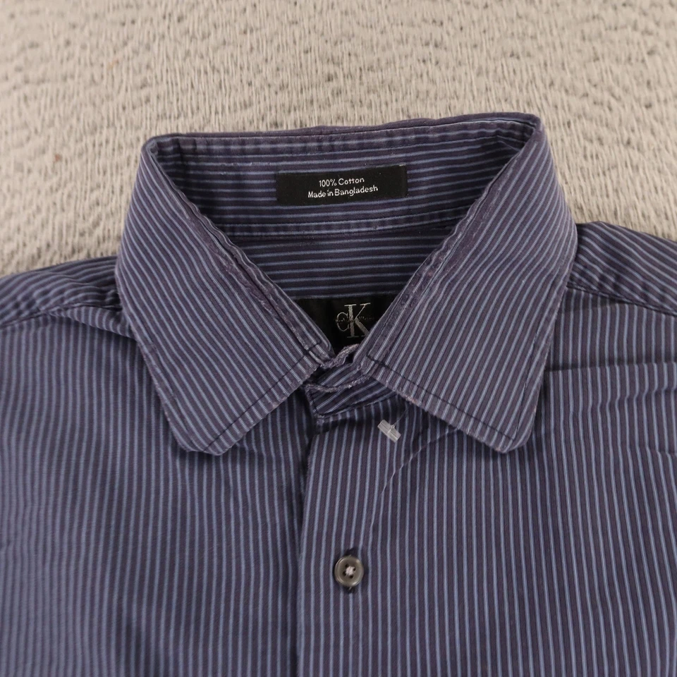 Camisa Calvin Klein Para Hombre L 16.5 Azul Rayas Algodón Manga Larga Camisa Abotonada Foto 4 de 4