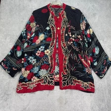 Citron Santa Monica Kimono Jacket Womens 1X Black Red Floral Embroidered Silk