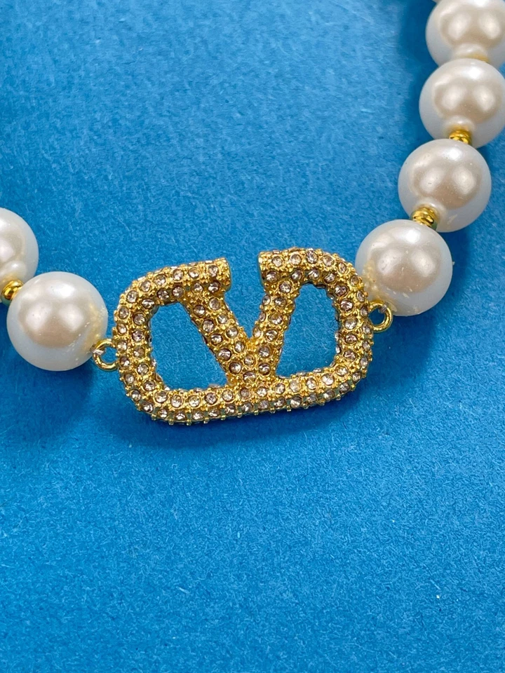 Valentino Gold Crystal V Logo Pearl Beaded Bracelet - Image 2 of 4