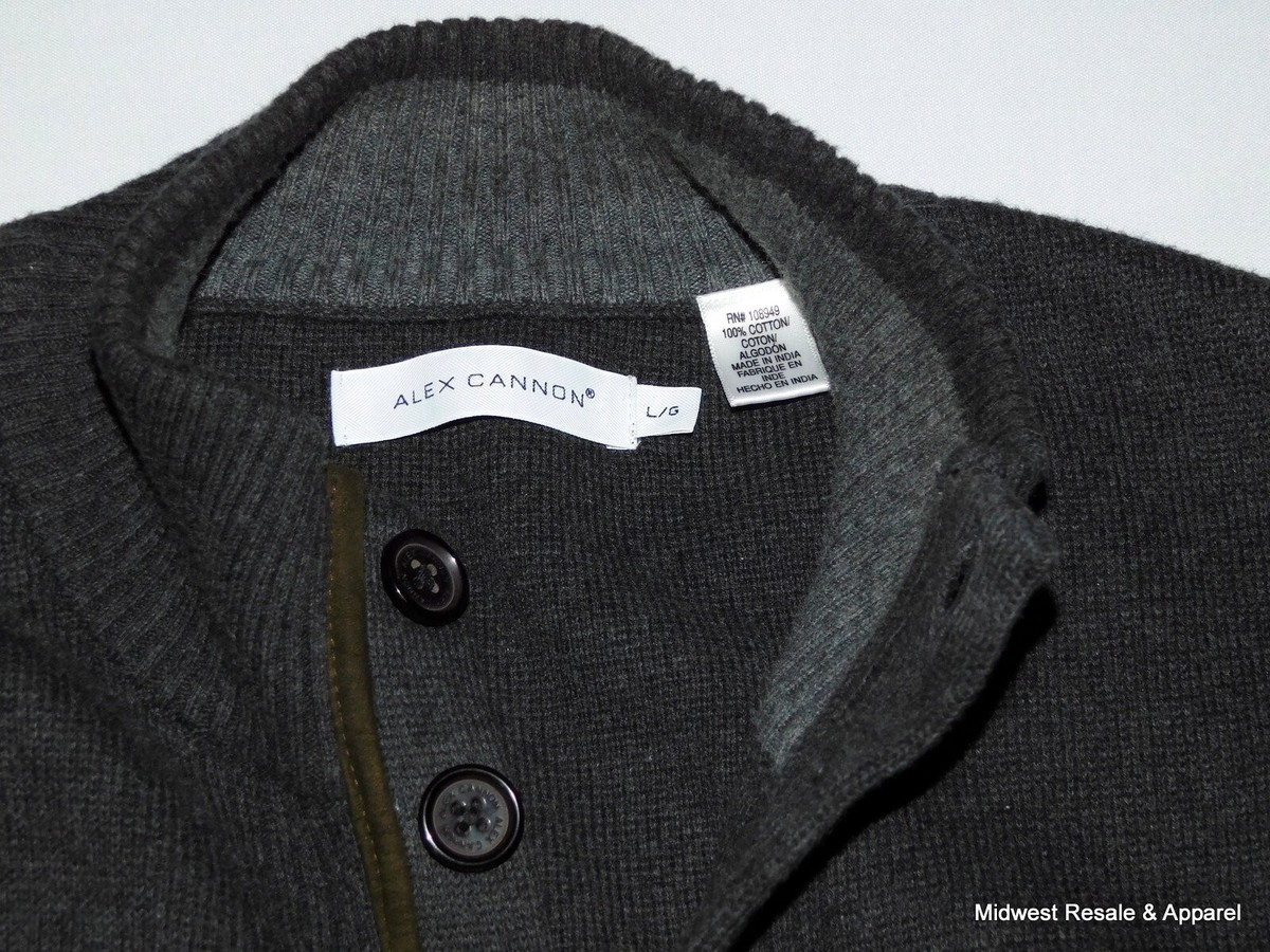 Alex Cannon Gray 100% Cotton Mock Neck Cardigan Sweater Mens Size