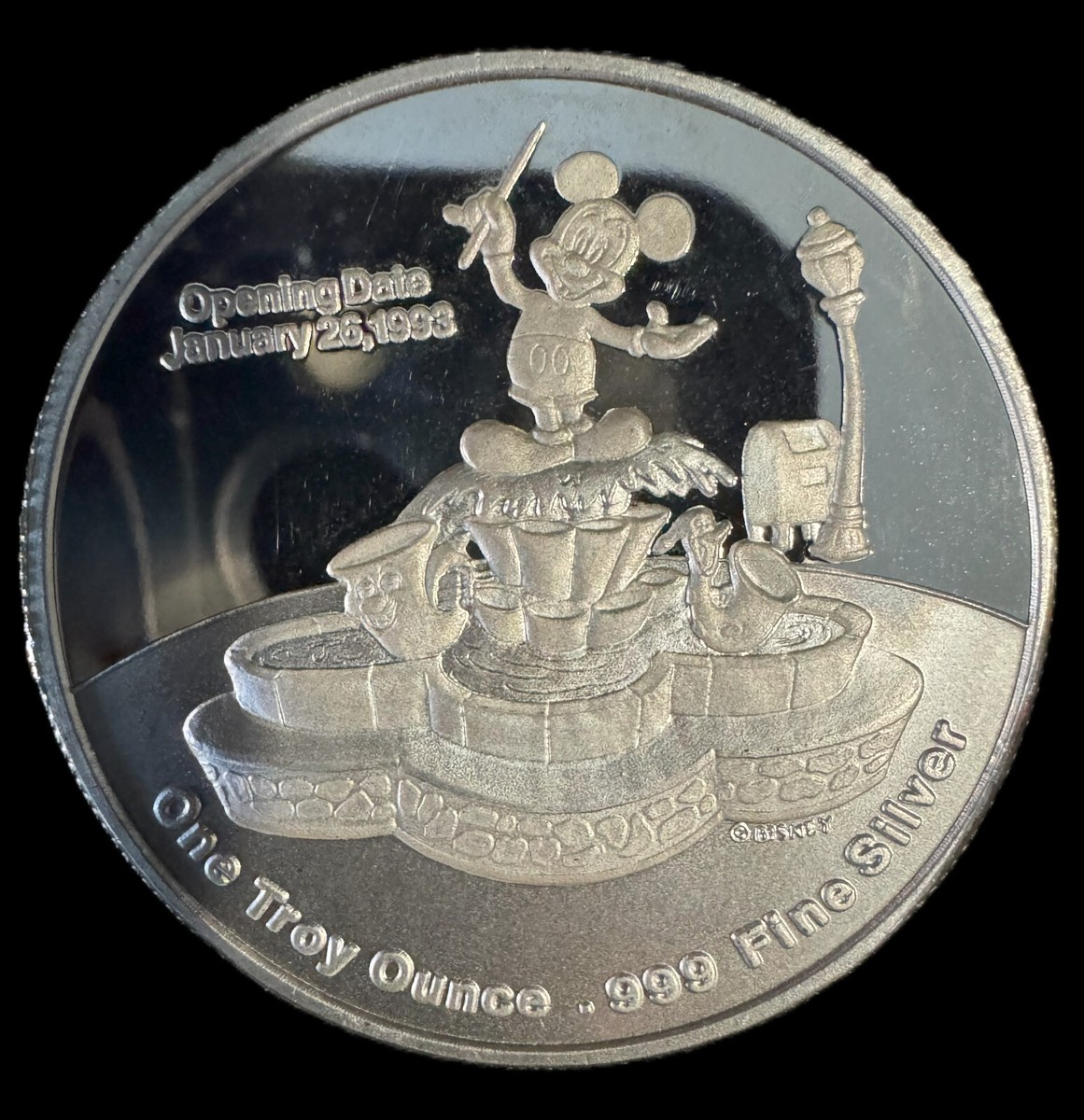 1993 Disney Mickey's Toontown 1 oz .999 Silver Coin w/24k Gold