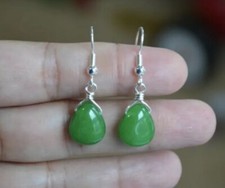 Handmade Malaysian green jade teardrop silver Plated Earring