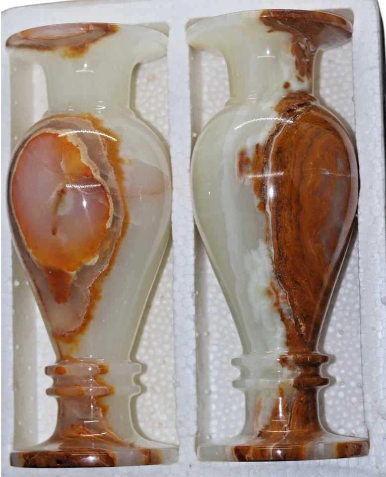 Handmade Antique Flower Vase White Onyx Brown Tone,Height:8", Diameter: 3" -2 pc - Image 2 of 4