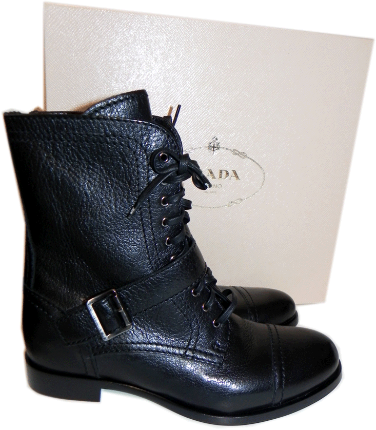Prada Combat Black Leather Lace Up Motorcycle Boot Biker Buckles Bootie 37.5 - 7 Prada Combat Black Leather Lace Up Motorcycle Boot Boot Boot Biker Buckles Bootie 37.5 - 7 c6b0cb
