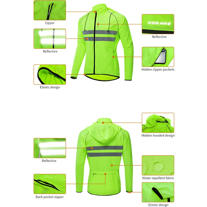 WOSAWE Men Cycling Reflective Hooded Jacket Bike Riding Sports Hoodies Windproof - Image 3 of 4