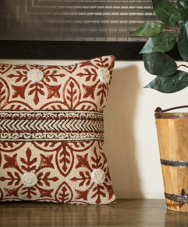 Handmade 16x24 Inch Block Print Cushion Cover - Boho Rustic Decorative Pillow - Image 3 of 4