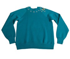 Vintage 90s Lee Sweatshirt Women M Blue Flower Hand Sewn Butterfly Midweight USA