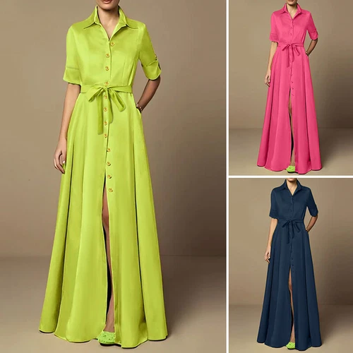Robe maxi chemise boutonnée col V femme Royaume-Uni manches courtes OL robes longues - Photo 2/18