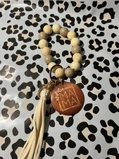 Fashion Mama Leopard Wooden Beaded Wristlet Keychain Keyring With Tassel - Beige