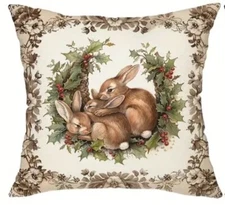 Winter Bunnies Christmas Theme Throw Pillow Cover 18x18” Holiday Home Decor