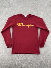Champion Shirt Adult Small Maroon Red Long Sleeve Tee Cursive Script Men