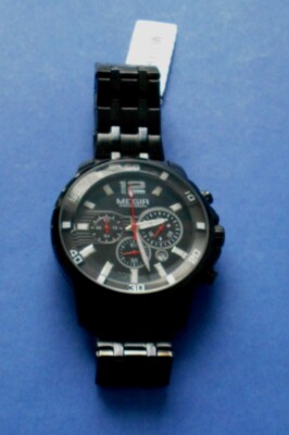 Megir M:2068 Herrenuhr. Schwarz, Edelstahl, Wasserdicht. Neuwertig.