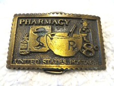 NOS - Vintage Tiffany Studio PHARMACY Brass Copper Belt Buckle 1970'S - RARE
