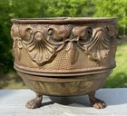 Antique 1930s Brass Repousse Footed Planter Cache Pot England Metalware Deco