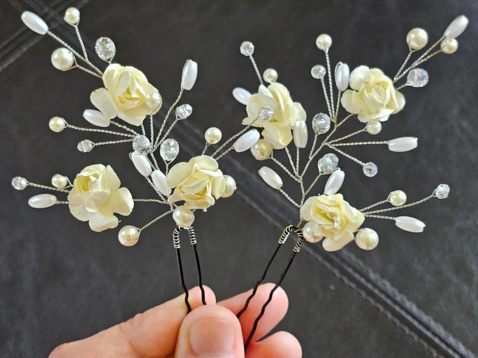 Alfileres florales para el cabello nupcial, marfil rosa perla bobby, estilo vintage, juego de 2 Foto 2 de 4