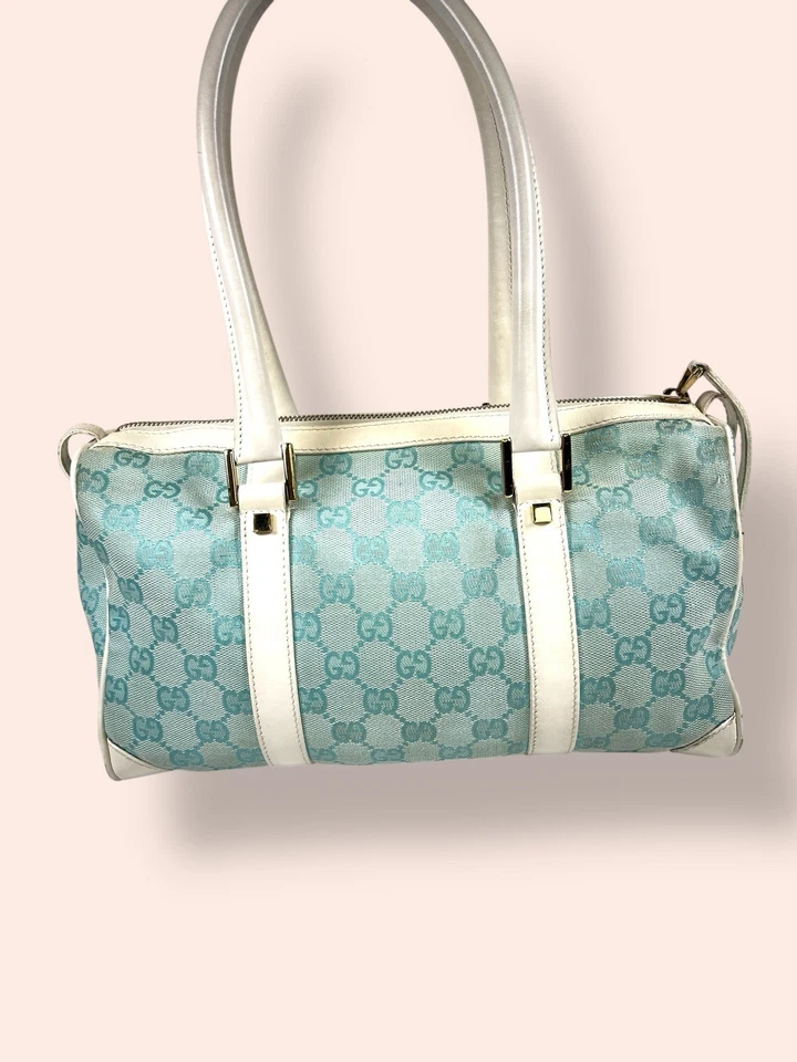 Auténtico Bolso GUCCI Boston, Cartera de Lona GG, Cuero Blanco Azul Claro Foto 3 de 4