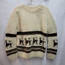 Vintage Hand Knit Wool Llama Nordic Beige  Brown HEAVY Sweater SMALL