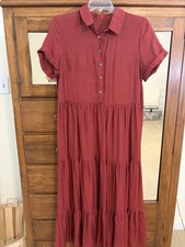 SHEIN Women’s Red Solid Shirt Maxi Dress Collared Short Sleeve Button Front M