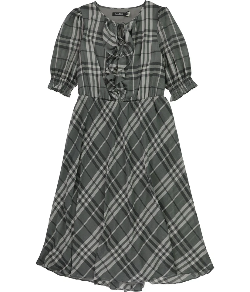Ralph Lauren Womens Plaid Crinkle Georgette Tie Neck Blouson Dress, gray, 12