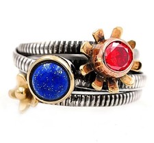 Two Tone Natural Fire Garnet 925 Solid Sterling Silver Ring Sz 7 B15-3