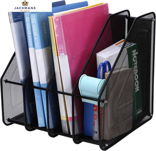 Mesh Magazine File Rack Holder, 4 Compartments Metal Filing Home Black