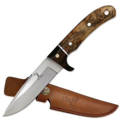 Elk Ridge Fixed Blade Full Tang Knife w/ Burlwood Handle and Leather Sheath