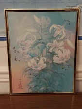 Vintage Art Print Framed - Lilies Still Life by John Cheng 14"x 11"