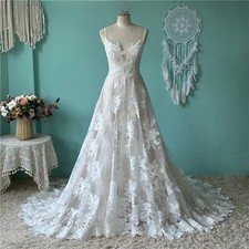 Luxury Boho Lace A Line Wedding Dress Sexy Appliques Spaghetti Straps Illusion