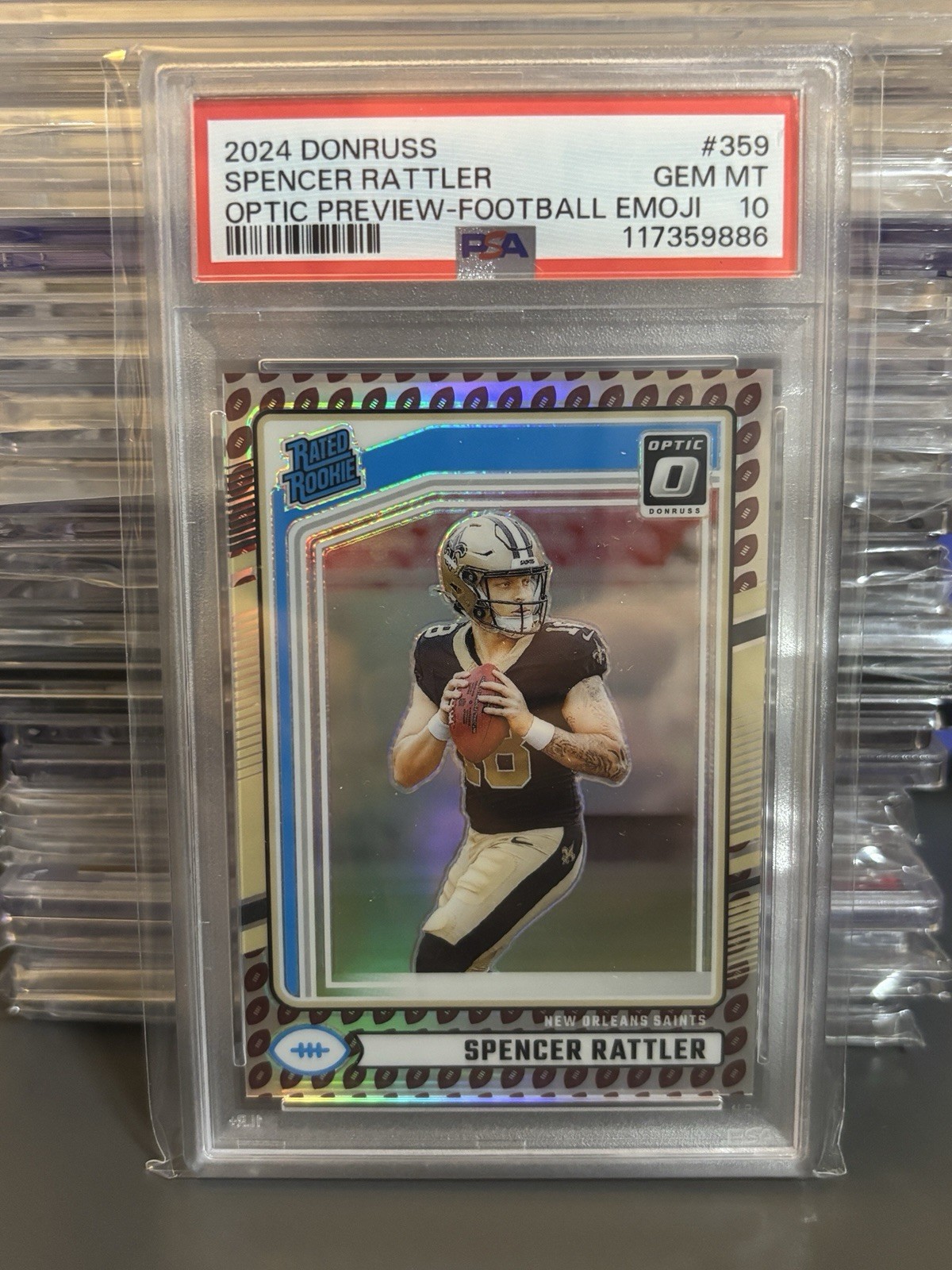 2024 Donruss Spencer Rattler OPTIC PREVIEW FOOTBALL EMOJI RC PSA 10 GEM MT #359