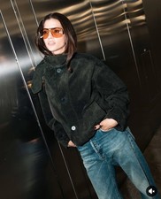 Zara 100% Leather Suede Jacket High Collar Dark Green Size XS 5761/700 New