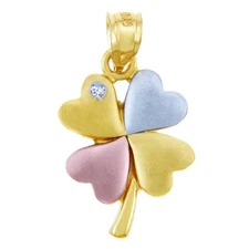 Tri-Tone Gold Lucky 4 Leaf Clover Heart Cubic Zirconia Pendant Necklace