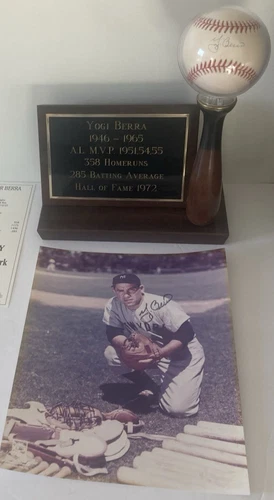 Yogi Berra Autographed Photo & Baseball with Custom Display Ball Holder