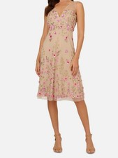 Adrianna Papell Women's Beige Beaded Mesh Midi Sequin Dress Size 16