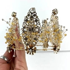 Bronze Tone Metal Tiara Crown Beaded Wired Floral Rhinestones Party Bridal