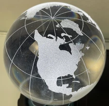 Crystal Glass Globe Paperweight Etched World Map Earth Desk Decor 3” Heavy