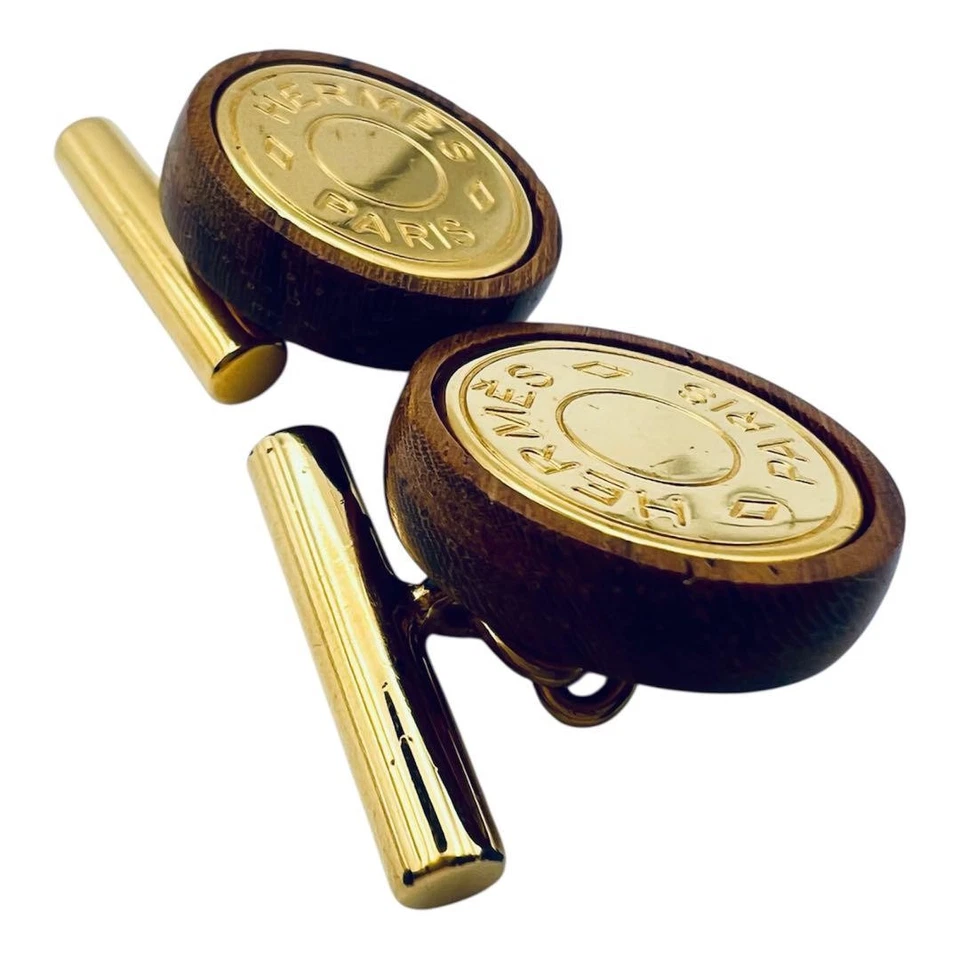 Gemelos HERMES Serie Oro Cadena Redonda Madera Metal Foto 3 de 4