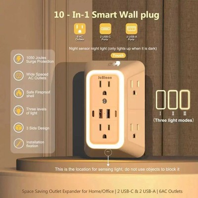 Wall Adapter 6 Outlet Extender Surge Protector Multi Plug  USB Charger Port