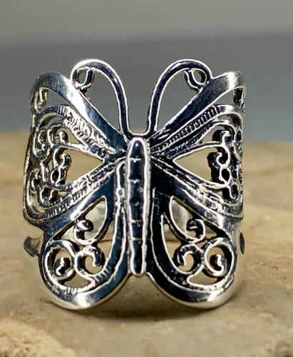 Vintage 925 Silver Filigree Butterfly Statement Ring Size 7.5 Signed DGS