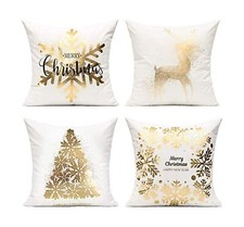 All Smiles Christmas Throw Pillow Covers Cases 16X16 Set of 4 White Gold Chri...