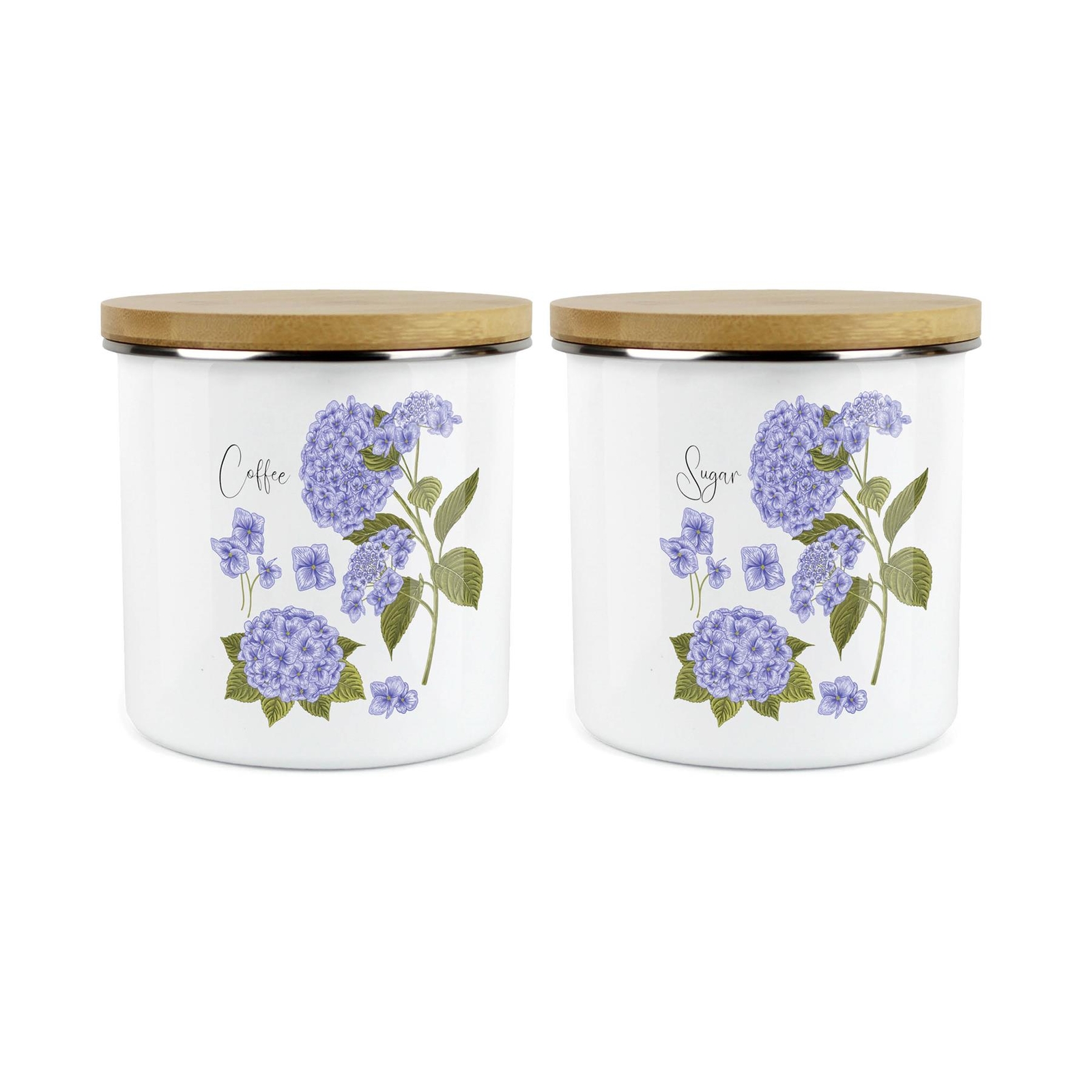 Hydrangea Floral Coffee & Sugar Canisters Set - Enamel Storage Container