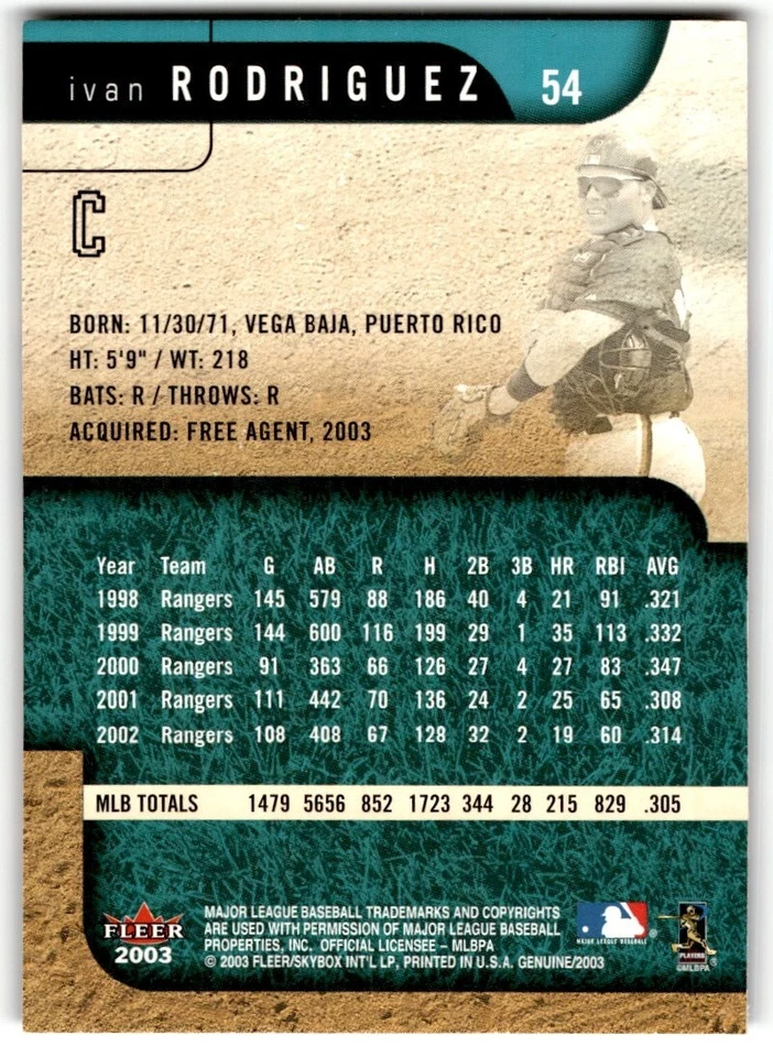 2003 Fleer Genuine Ivan Rodriguez #54 Florida Marlins - Image 2 of 2