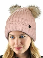D&Y Women's Warm Knit Faux Fur Double Pom Cuff Beanie Hat