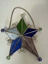 Multicolor stained glass hanging star w/ beads 8 inches tall EUC Sun catcher