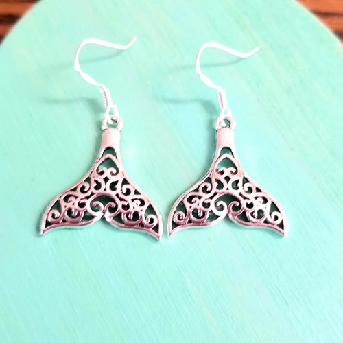 Sterling Silver Whale Tail Earrings, Whale Dangle Earrings, Ocean Beach Jewelry - Picture 3 of 4