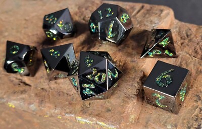 Gunmetal w/Green Mica Metal DnD Dice Set | DnD Dice | Dungeons & Dragons AD&D