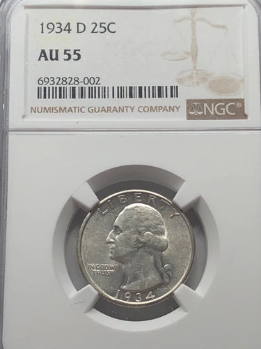 1934-d Washington quarter , Denver mint , Silver 25 cent NGC AU55