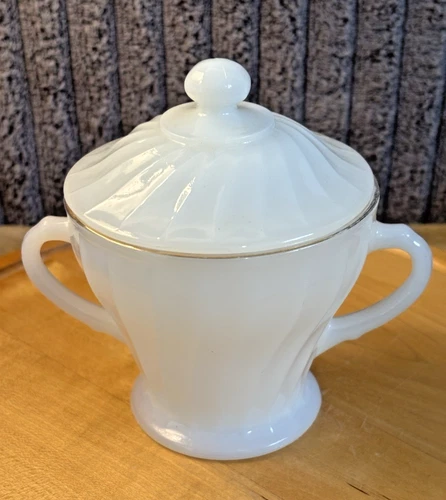 Vintage Anchor Hocking Fire King Milk Glass Double Handled Lidded Sugar Bowl