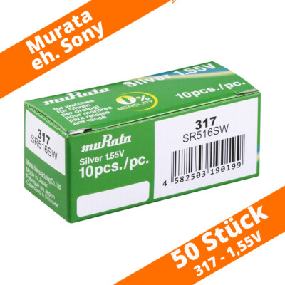 50 x Murata eh. Sony 317 SR516SW SR62 Uhren Batterie Knopfzelle Silberoxid 1,55V