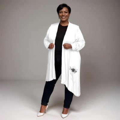 ROCKTHOSECURVES DAMEN WEISS BLUMEN VORNE LANGE WASSERFALL CARDIGAN