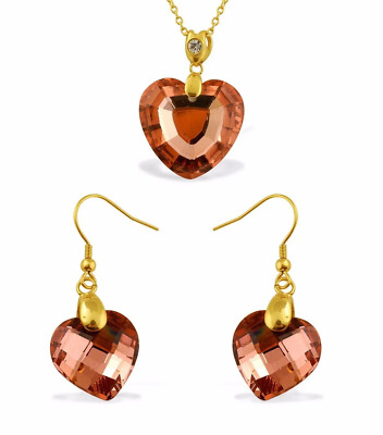 Heart Pendant and Earrings Set  Pink Austrian Crystal large stones